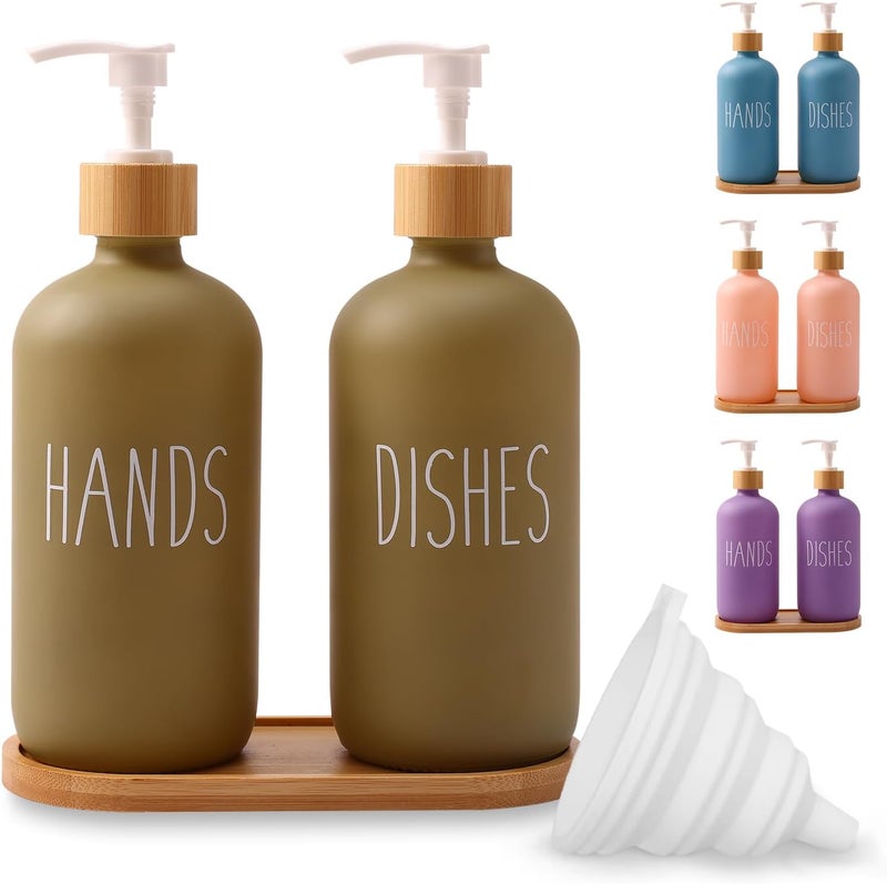 Loochica 2 Pack Sage Green Glass Soap Dispenser Set with Tray, Hand and Dish Glass Soap Dispensers for Kitchen Sink, Kitchen Soap Dispenser Set Suitable for Kitchen Décor - Image 1